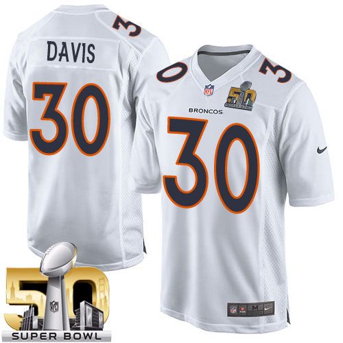 Nike Broncos #30 Terrell Davis White Super Bowl 50 Men's Stitched NFL Game Event Jersey - Click Image to Close